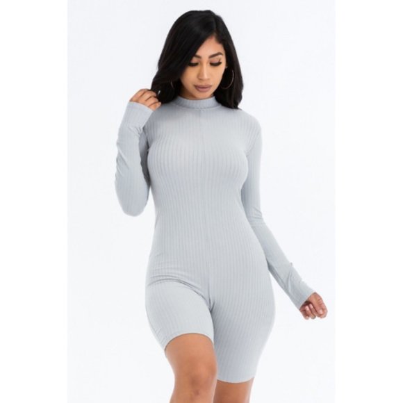 Women’s Grey Long Sleeve Ribbed Knit Romper - Picture 1 of 4